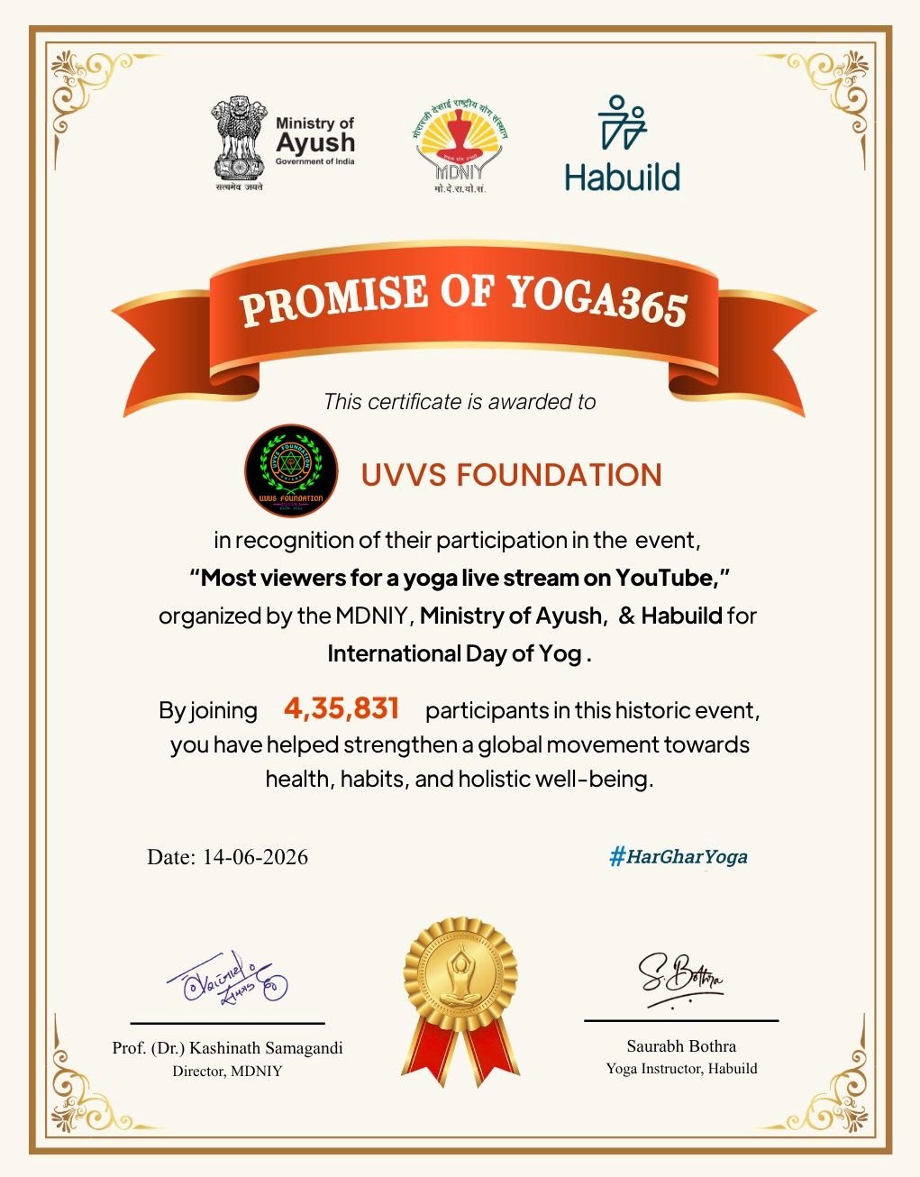 Promise of Yoga365 – National Recognition Certificate